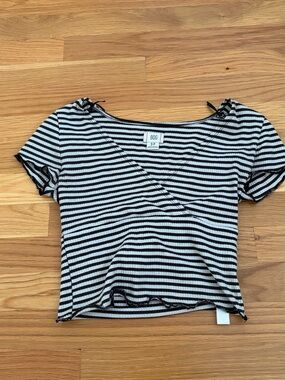 BDG Black & White Striped V-Wrap Ribbed Crop Top